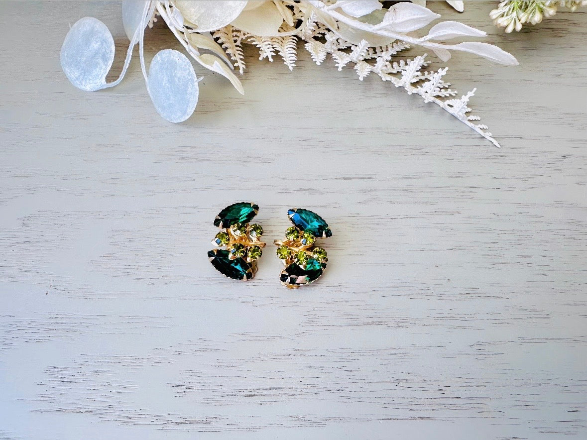 Emerald and Olive Vintage Rhinestone Earrings, Vintage 1960's Emerald Crystal Clip On Earrings, Unique Shape Marquis Navette Glam Jewelry