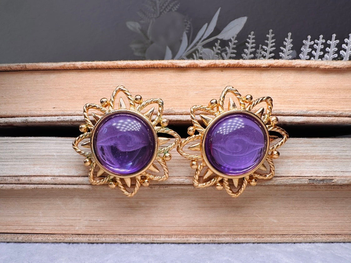 Purple Trifari Jelly Belly Sun Earrings, Rare Moonglow Violet Domed Glass Earrings