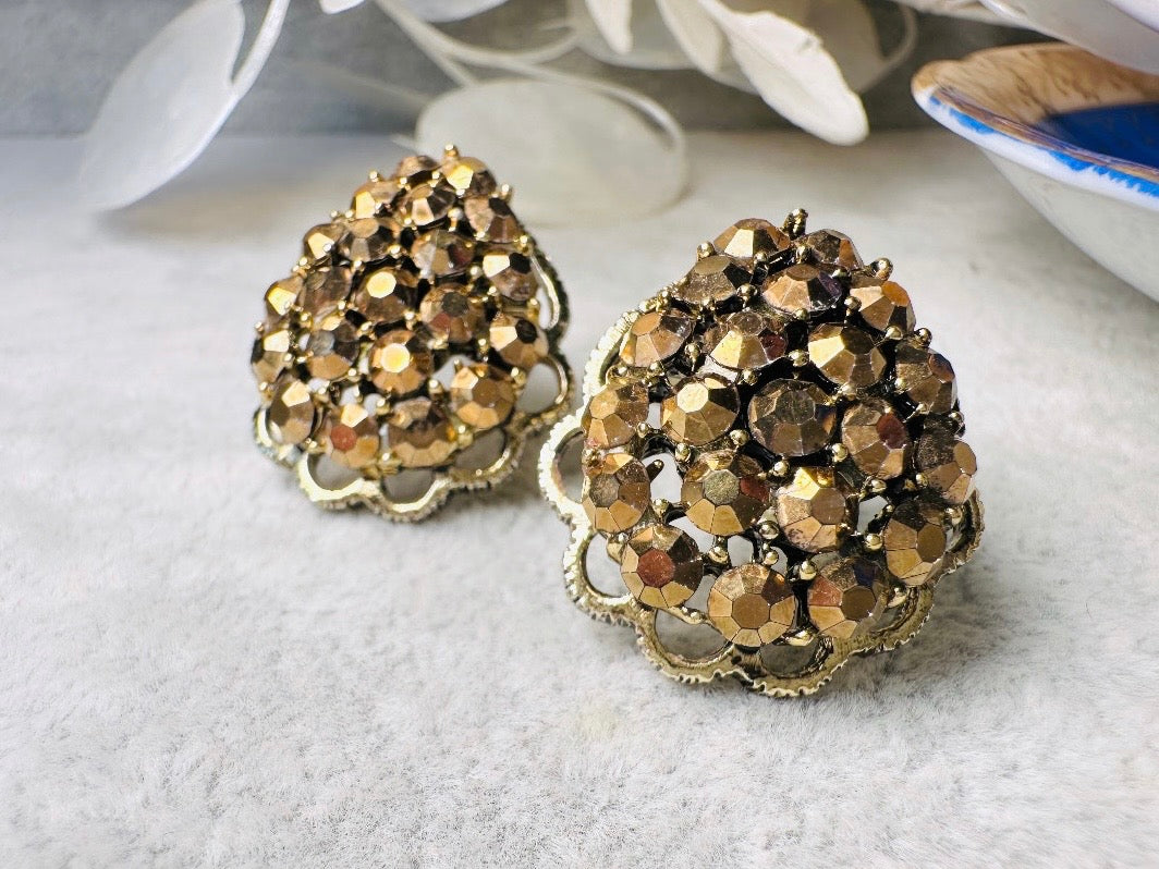 Bronzed Gold 1960's Sparkling Earrings, 60s Signed Designer Weiss Vintage Teardrop Clip On Gorgeous Antique Gold Rhinestone  Earrings