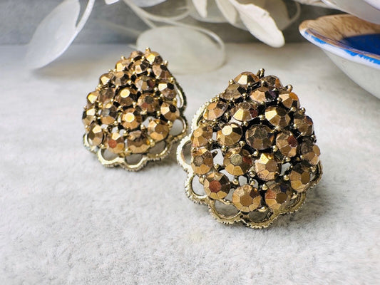 Bronzed Gold 1960's Sparkling Earrings, 60s Signed Designer Weiss Vintage Teardrop Clip On Gorgeous Antique Gold Rhinestone  Earrings