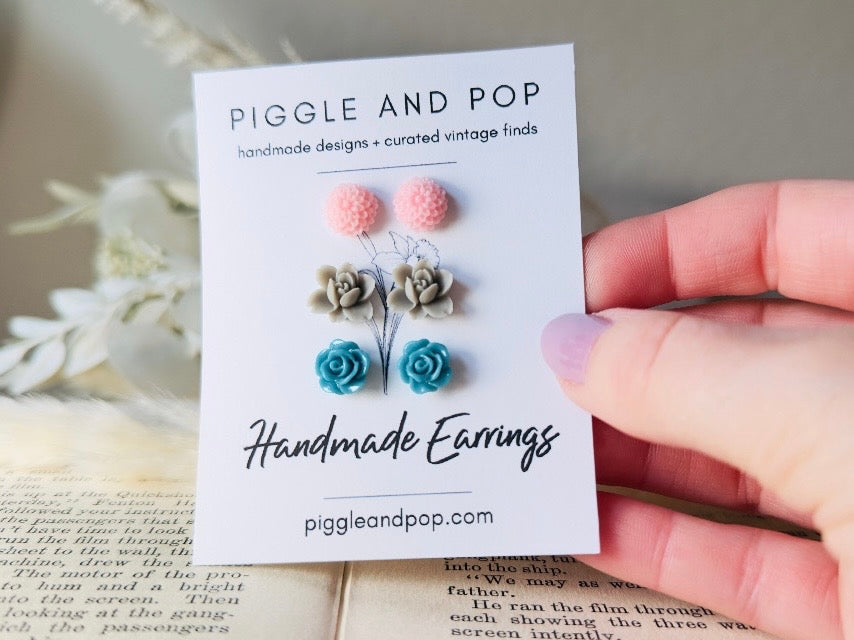 Flower Post Earrings Set in Pink Grey and Teal, Hypoallergenic for Sensitive Ears