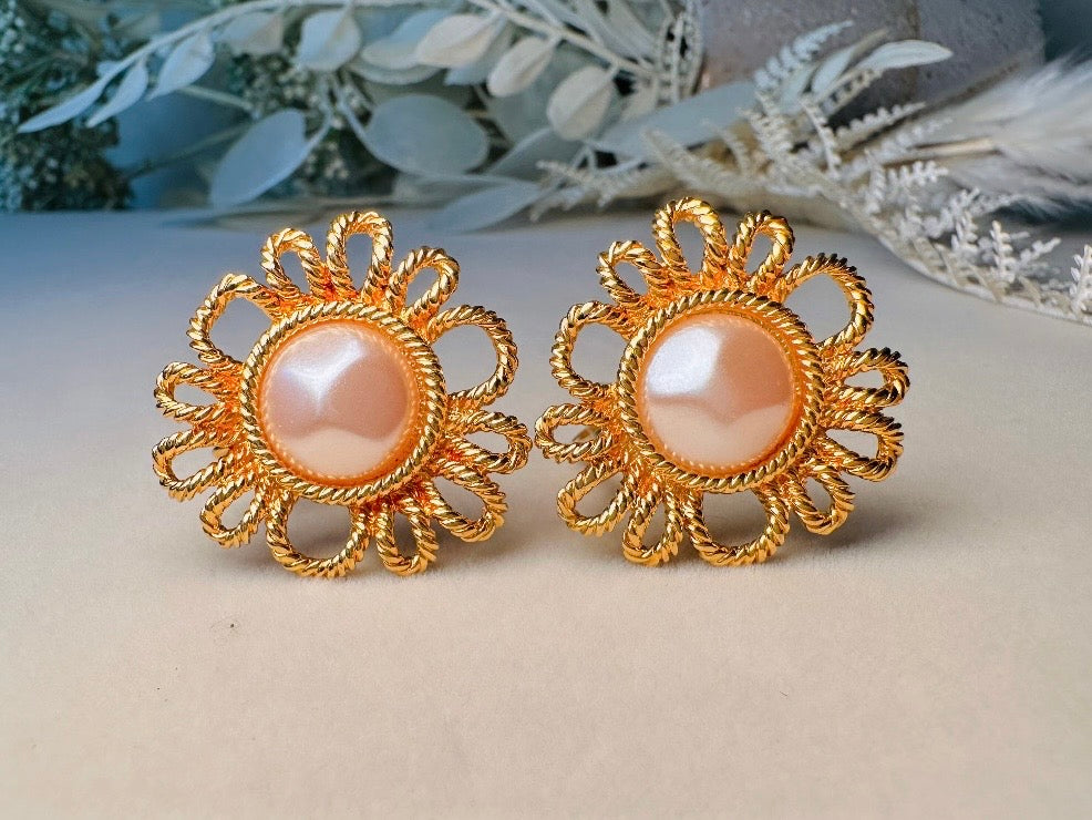 Vintage Blush Pearl Earrings, Gorgeous Pink Faux Pearl Cabochon & Burnished Gold Floral Clip On Earrings