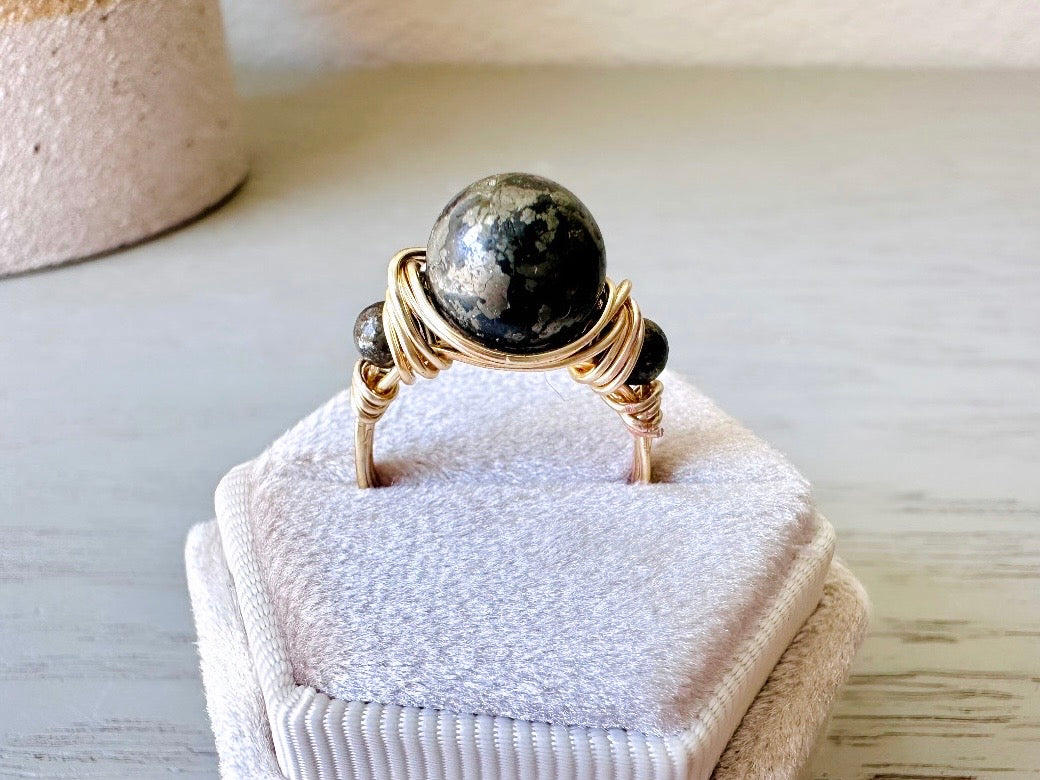 Handmade Pyrite Ring, Wire Wrapped Ring with Natural Stones, Pyrite Fools Gold Metaphysical Ring, Earth Energy Talisman Ring