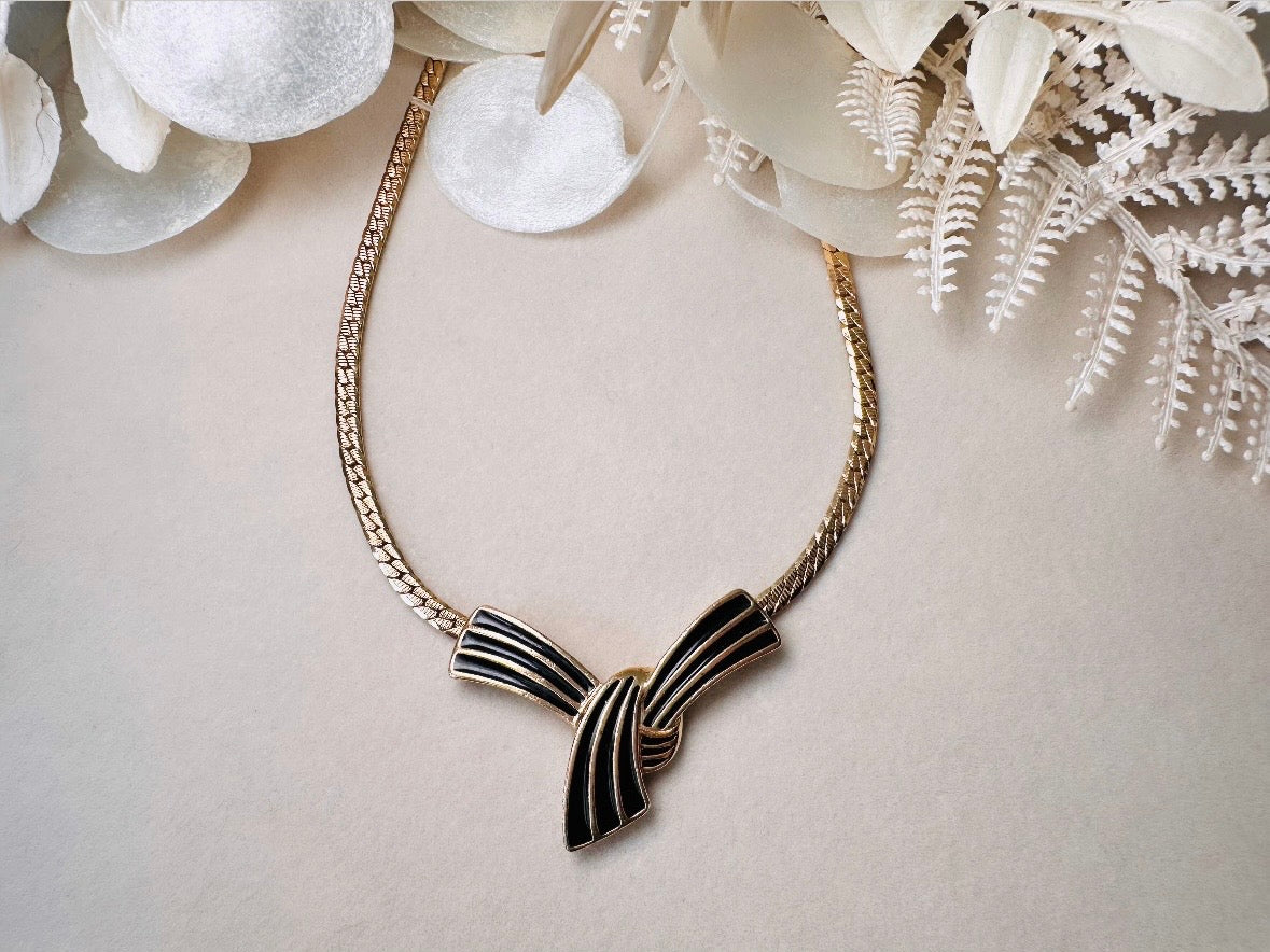 Vintage Trifari Bow Necklace, Black and Gold Ribbon Pendant Necklace on Gold Herringbone Chain