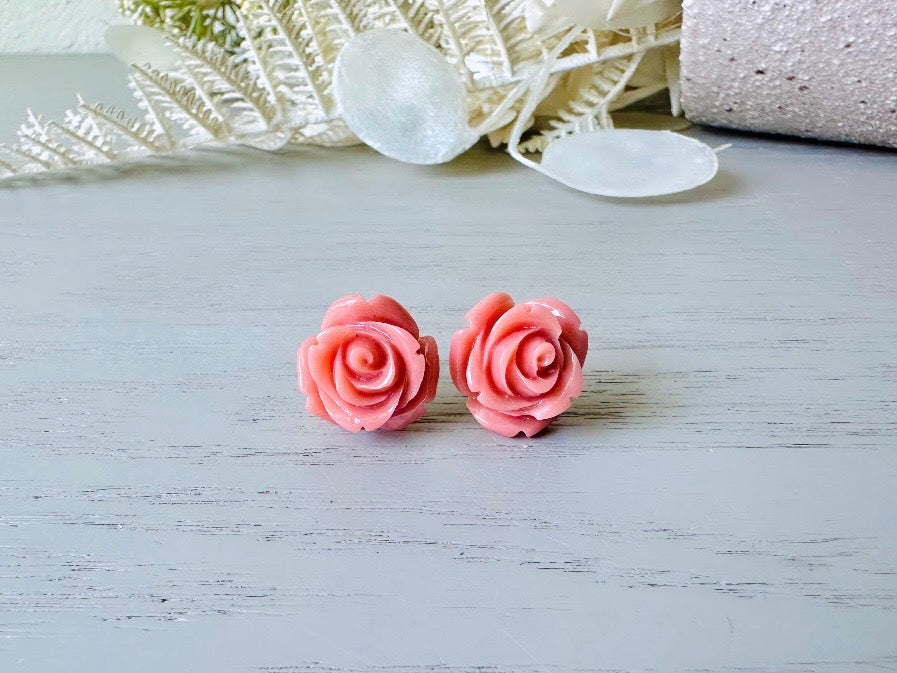 Coral Pink Rose Earrings, Large Rose Stud Earrings, Resin Cabochon Rosettes Hypoallergenic Surgical Steel Handmade Earrings Sensitive Ears