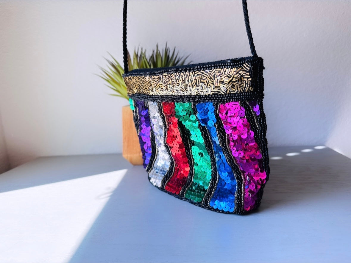 Rainbow Sequin Purse, Incredible 1980s Vintage Multicolor Sequin Beaded Handbag, Pink, Purple, Blue, Green, Gold, Silver. 80s Rainbow Clutch