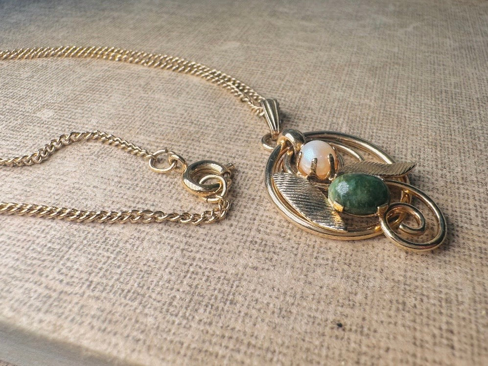 Vintage 1975 Necklace, Green Jade and Pearl Pendant Necklace, Vintage Sarah Coventry Prong Set Double Stone Necklace, Ornate Gold Leaves