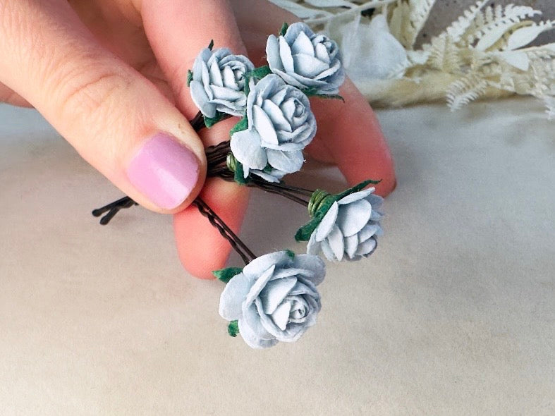 Ice Blue Flower Hair Pins, Handmade Mulberry Paper Rose Bridal Bobby Pins