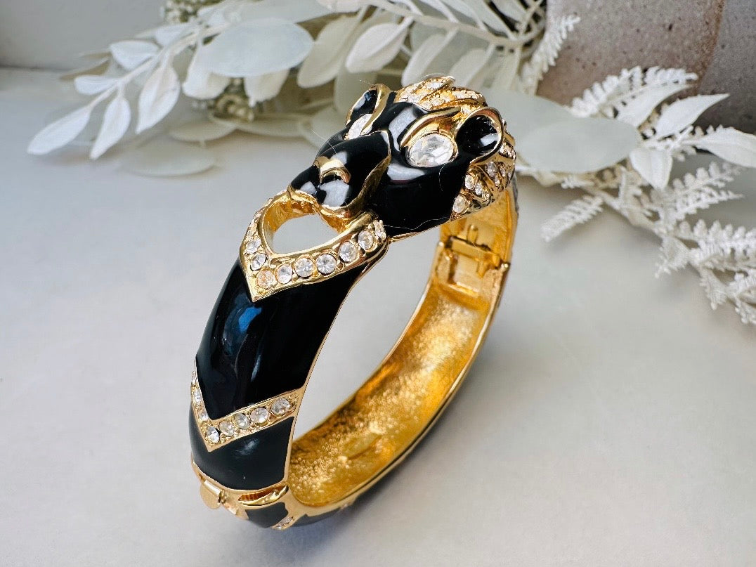 Vintage Giorgio Black Panther Bracelet, Black Enamel Pave Rhinestone and Gold Signed 80s Designer Cuff