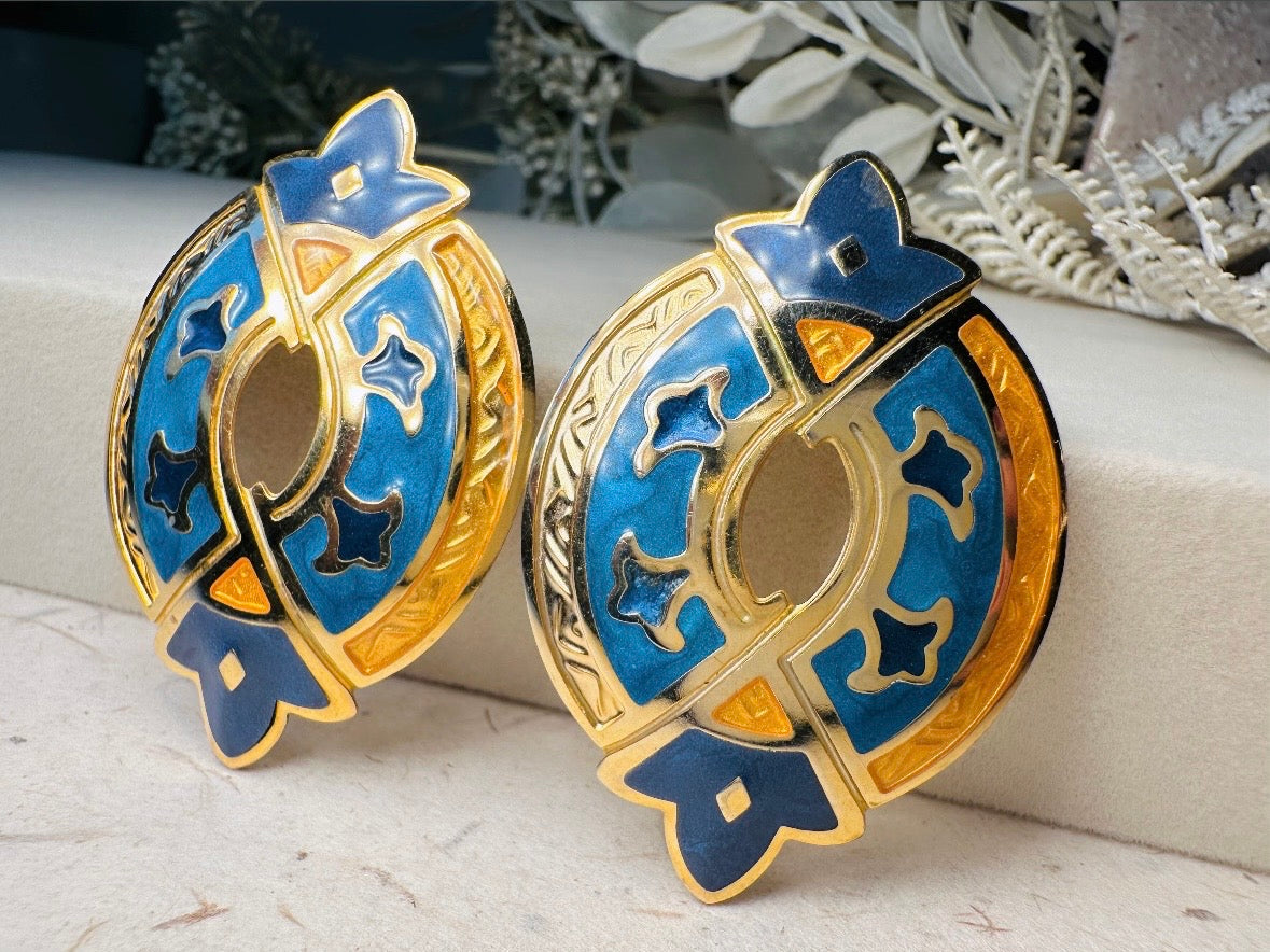 Blue and Gold Etruscan Earrings, Vintage Berebi Enamel Earrings, Grecian Oversized Statement Earrings