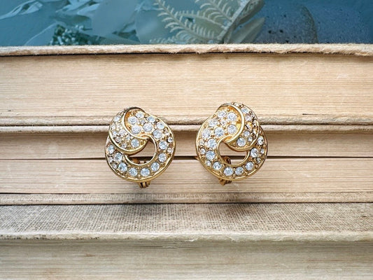 Vintage Monet Gold Knot Earrings with Diamond Rhinestones, Elegant Cocktail Clip On Earrings