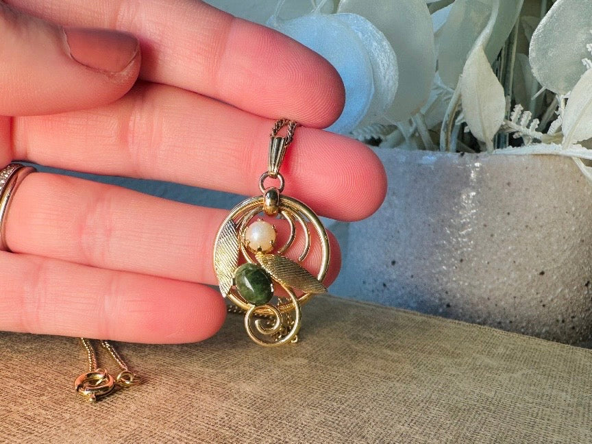 Vintage 1975 Necklace, Green Jade and Pearl Pendant Necklace, Vintage Sarah Coventry Prong Set Double Stone Necklace, Ornate Gold Leaves