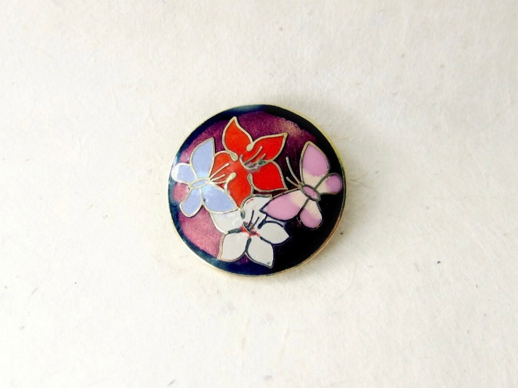 Vintage Cloisonne Enamel Brooch with Lilies and Butterflies, Colorful Flower Brooch, Vintage Lapel Pin, Retro Summer Accessories for Women