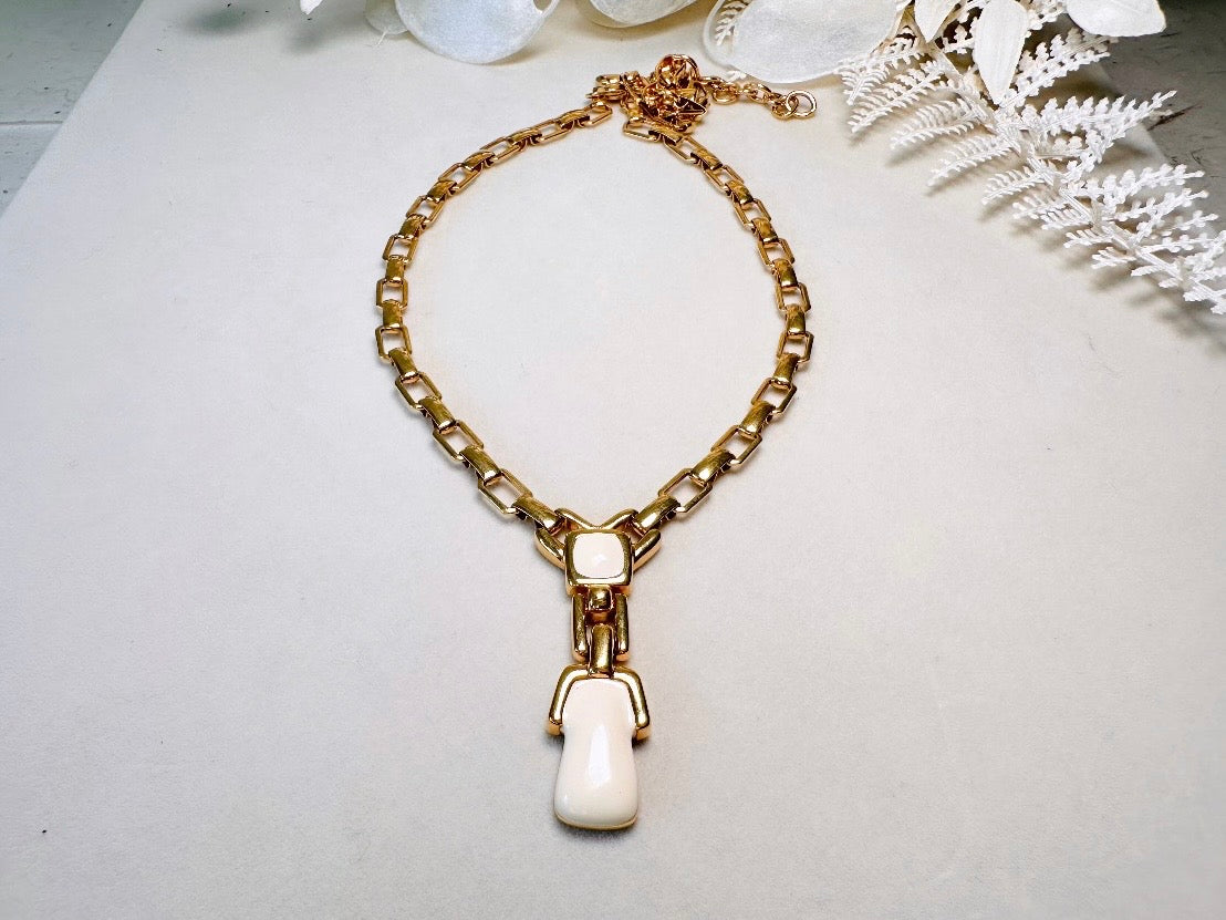 Vintage Y Necklace, Monet Necklace in Cream and Gold, Bold 1970s Vintage Geometric Chain Y Drop Necklace,