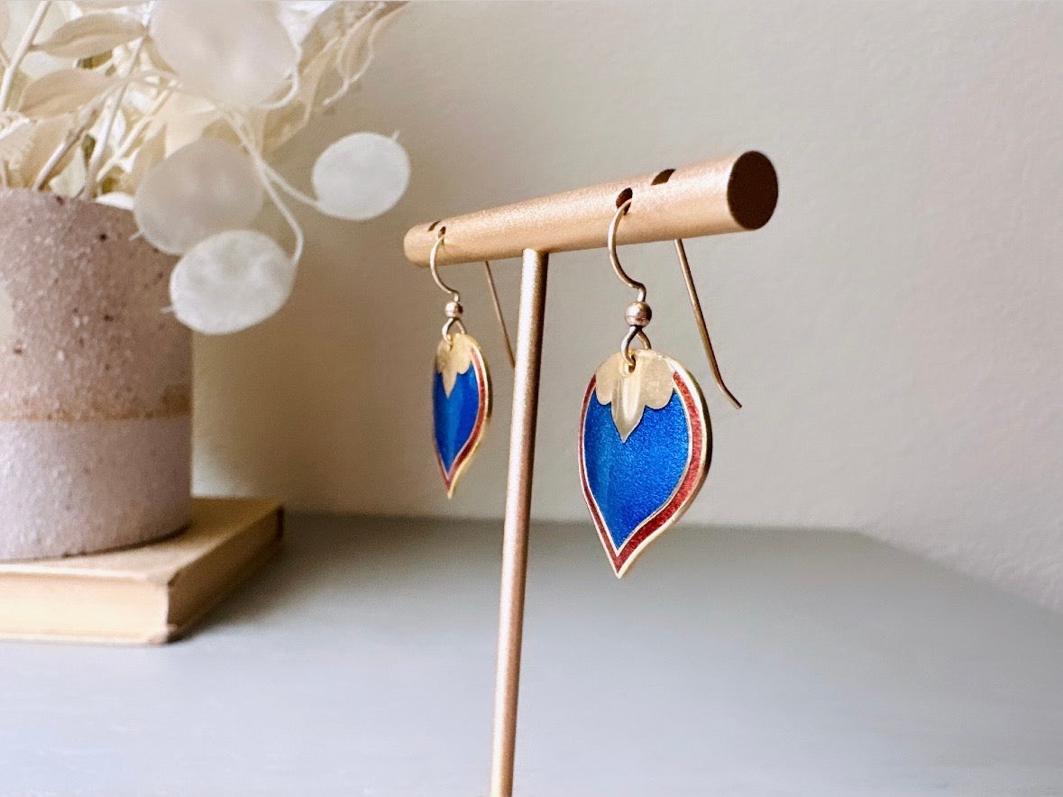 Vintage Cobalt Blue Skye Earrings, Gold Plated  1980s Vintage Earrings, Small Gold Enamel Teardrop Earrings, Pretty Blue and Brown Jewelry