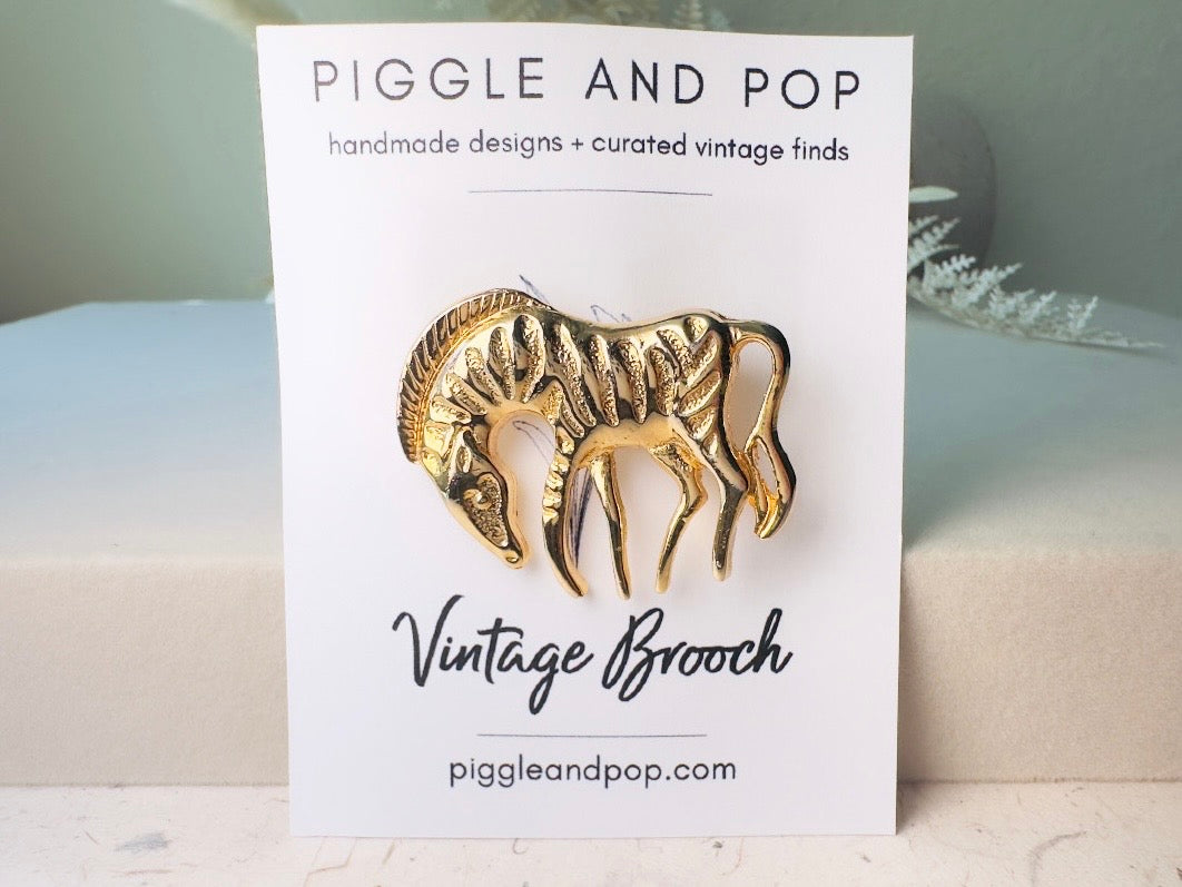 Gold Zebra Brooch Pin, Vintage Wild Zebra Pin, Fun 1980s Jewelry, 80s Gold Vintage Brooch