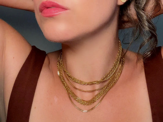 Vintage Gold Chain Multistrand Necklace, Gorgeous 8 Strand Fine Gold Chain Layered Necklace with Beautiful Butterfly Clasp