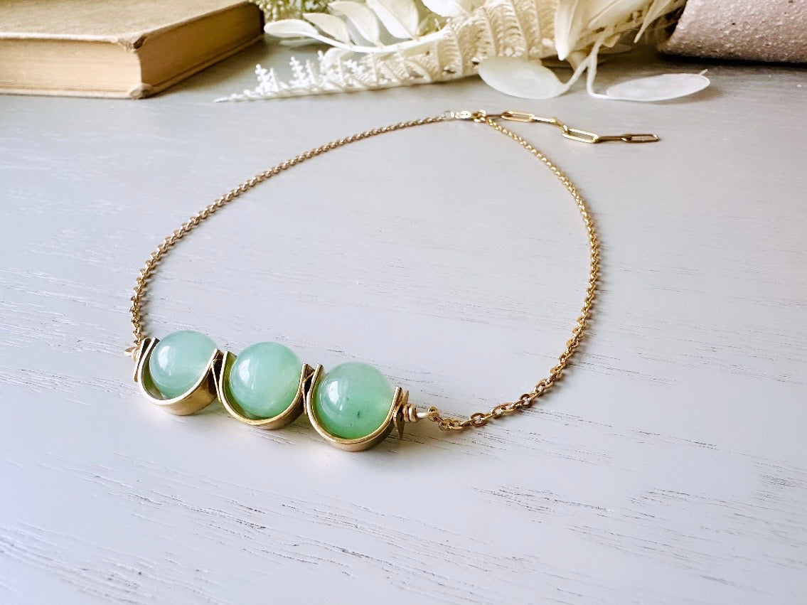 Green Aventurine + Raw Brass Necklace, Green Gemstone Triple Bead Half Moon Brass Frame Minimalist Sleek Stone 14kt Gold Handmade Necklace