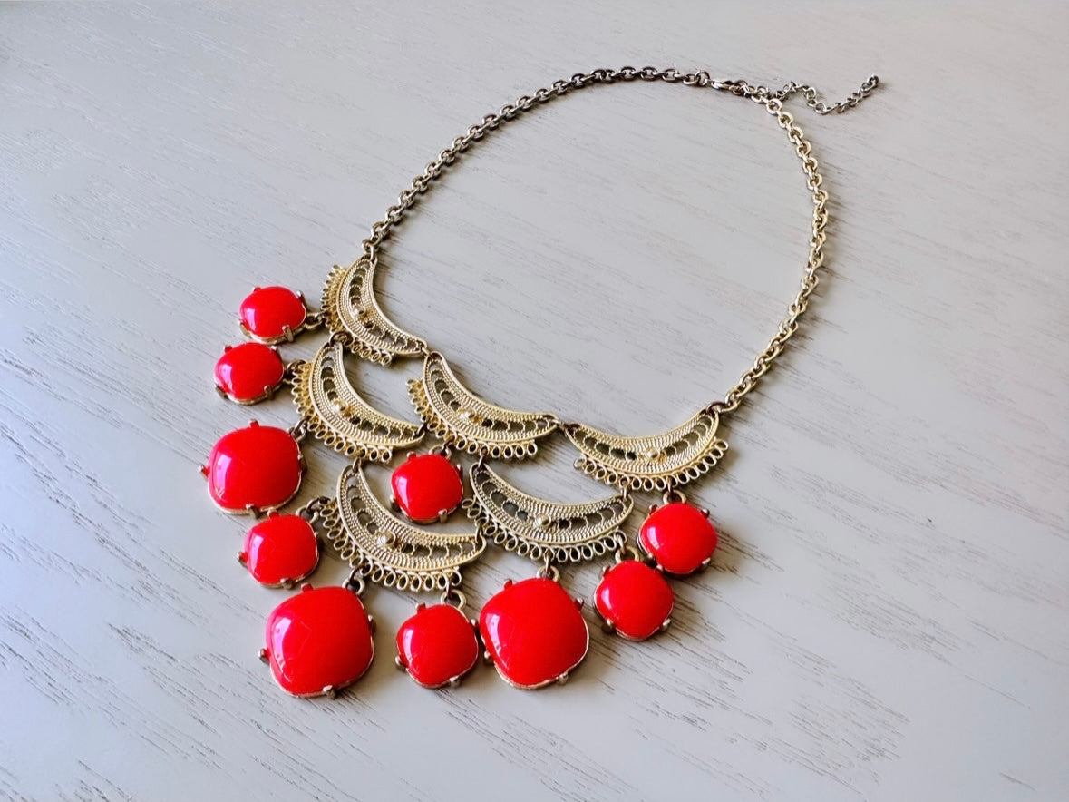 Red and Gold Vintage Statement Necklace, Bubble Bib Necklace, Gold Filigree Fan and Red Rhinestone Cocktail Necklace, Big Holiday Necklace