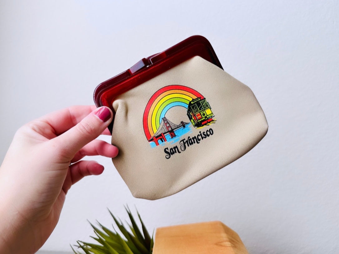 San Francisco Rainbow Clutch Purse, Cute 1970s Vintage Coin Purse, Tan w Lucite Handles, Vintage California Souvenier Shop, Friendship Pride