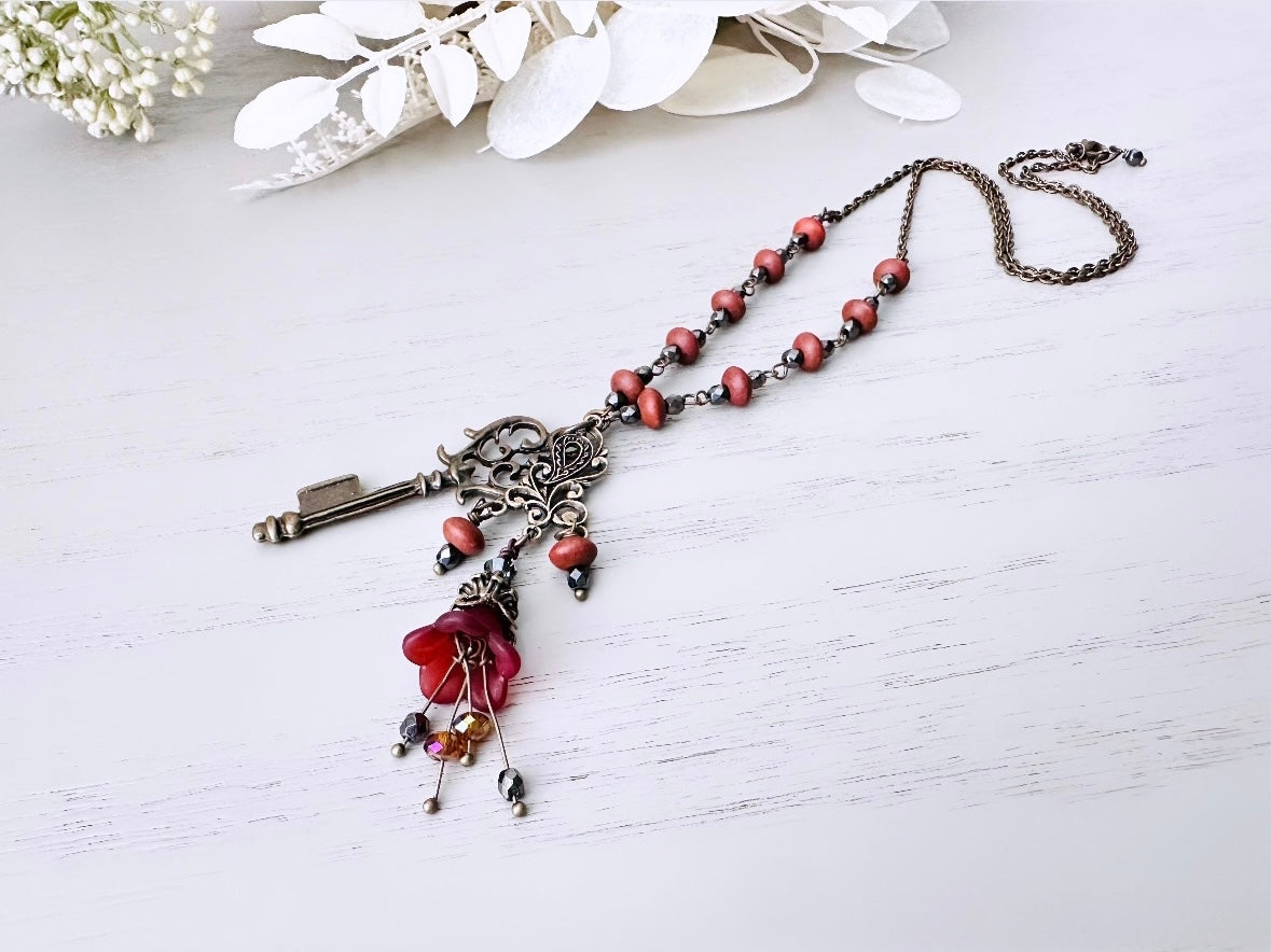 Victorian Flower Rosary Necklace in Chocolate Cherry w Swarovski Topaz Crystals, Hematite Stones + Bronze Skeleton Key Lucite Charm Necklace