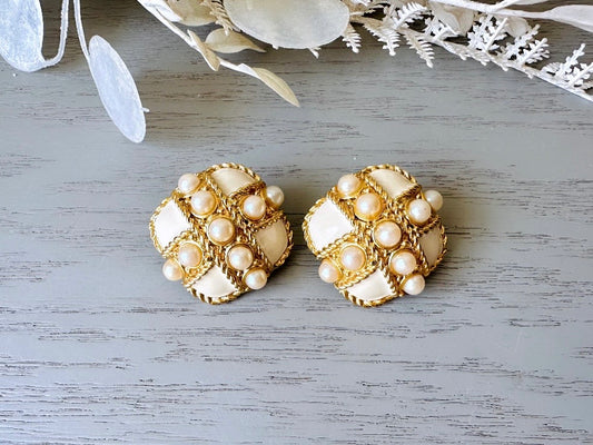 Vintage Pearl Earrings, Extraordinary 80s Mogul Vintage Square Earrings, Cream + Gold Textured Clip-On Earring, Gold Rope, Enamel and Pearls