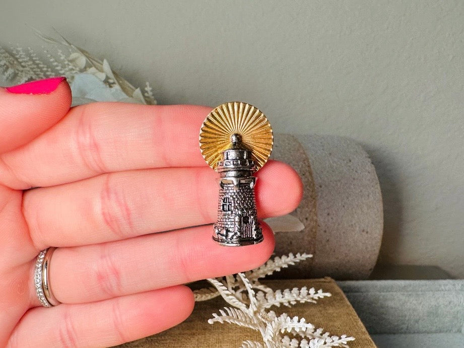 Vintage Lighthouse Pin, Silver and Gold Tie Tack Lapel Pin, Detailed Golden Beacon Nautical Birthday, Mariner Groom Accessories