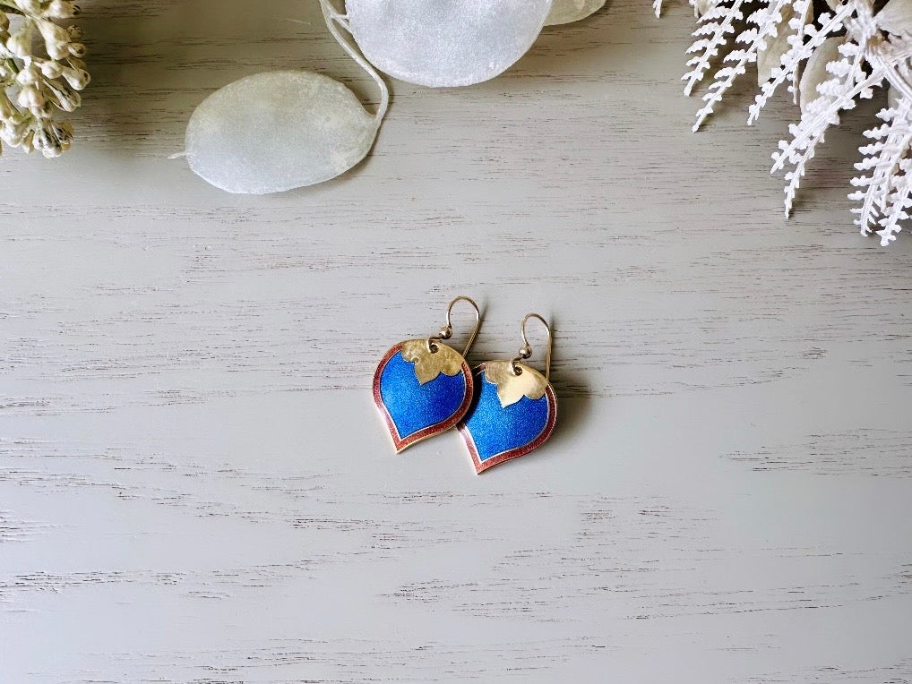 Vintage Cobalt Blue Skye Earrings, Gold Plated  1980s Vintage Earrings, Small Gold Enamel Teardrop Earrings, Pretty Blue and Brown Jewelry