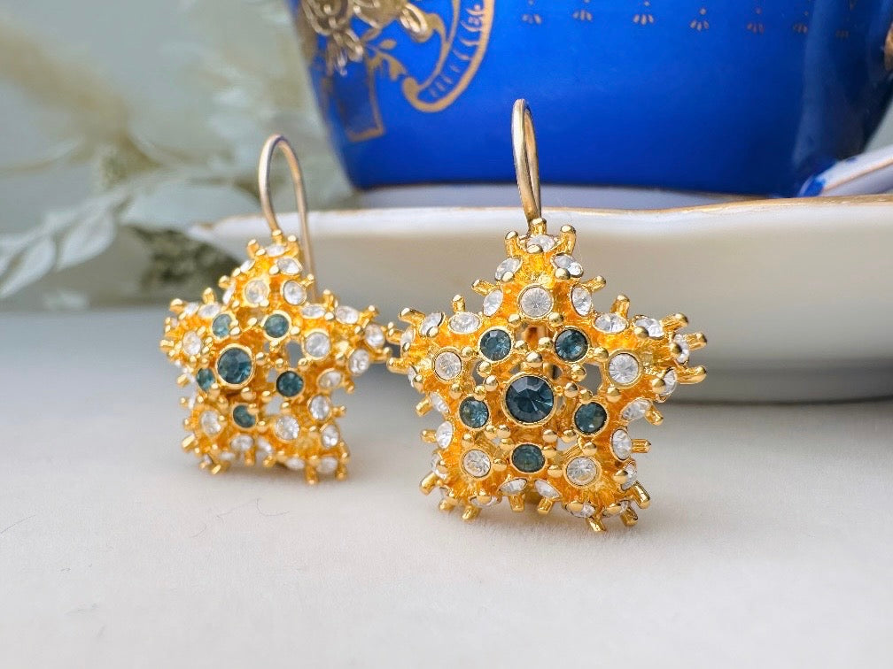 Gold Star Earrings with Sapphire and Diamond Crystals, Vintage Nolan Miller Leverback Celestial Earrings, Sparkling Holiday Jewelry