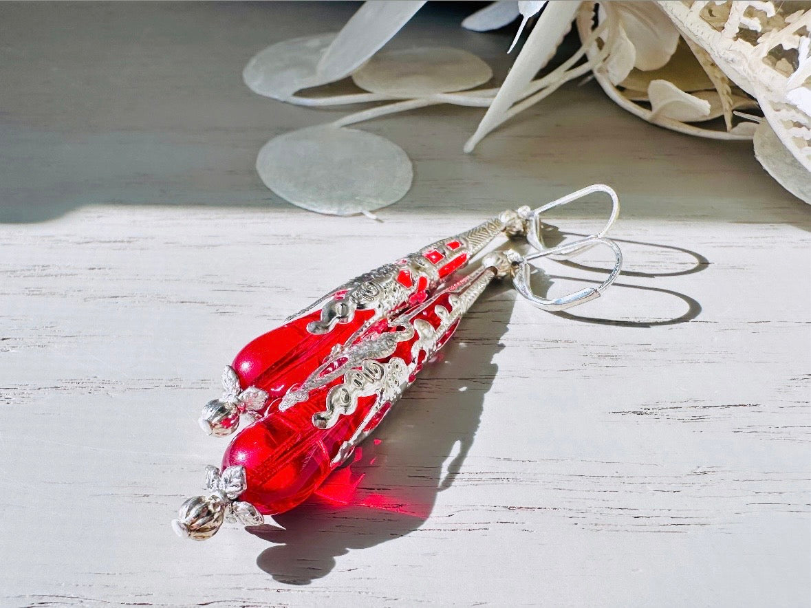 Red Teardrop Earrings, Beautiful Handmade Holiday Jewelry Gifts for Her, Striking Bright Red Glass Earring with Ornate Silver Filigree Cones