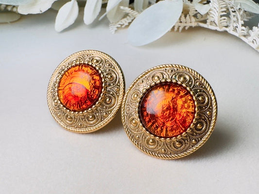 1928 Ornate Gold & Amber Resin Cabochon Vintage Statement Earrings