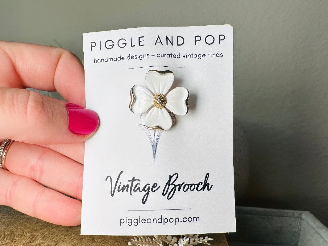 White Dogwood Brooch with Gold Trim, Vintage Flower Brooch, White Enamel Floral Pun, Pretty Flower Shabby Chic Wedding Something Old Bride