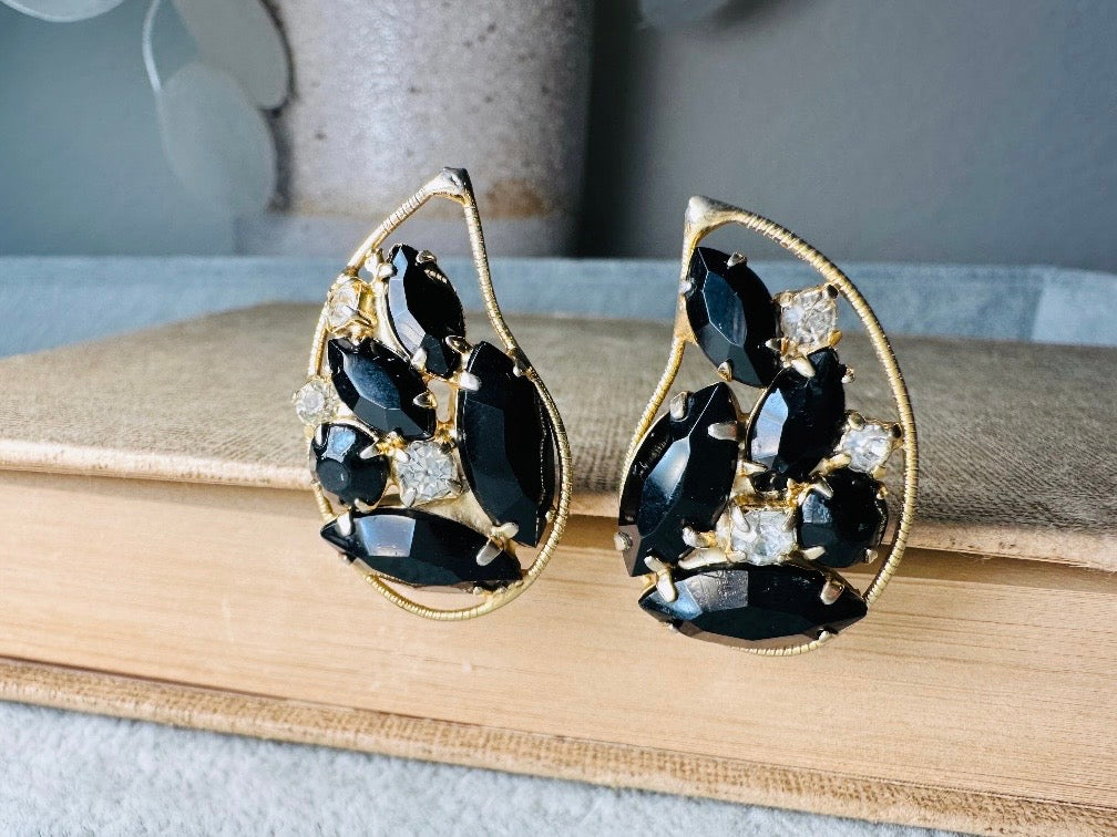 Vintage Black Rhinestone Earrings, 1960s Designer Signed Weiss Mosaic Cocktail Earrings, Gold & Diamond Crystal Teardrop Clip On Earrings