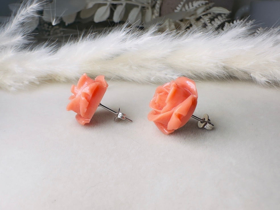 Coral Pink Rose Earrings, Large Rose Stud Earrings, Resin Cabochon Rosettes Hypoallergenic Surgical Steel Handmade Earrings Sensitive Ears