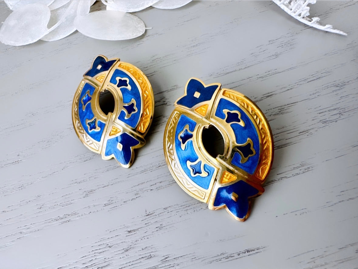 Blue and Gold Grecian Vintage Berebi Earrings, 1980s Runway Chic Earrings, Dramatic Maximalist Earrings, Pierced Etruscan Enamel Earrings