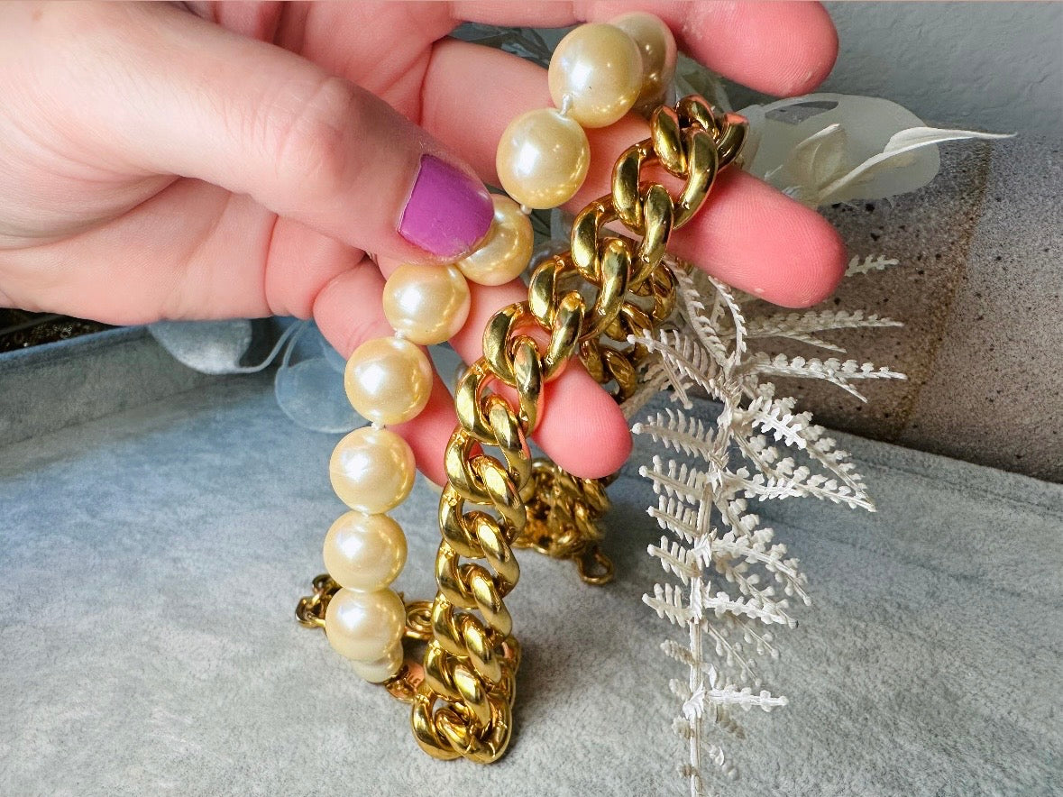 Vintage Carolee Necklace, Double Strand Pearl and Gold Chain Necklace with Intricate Scroll Detail and Hook Closure, Etruscan Pearl Necklace
