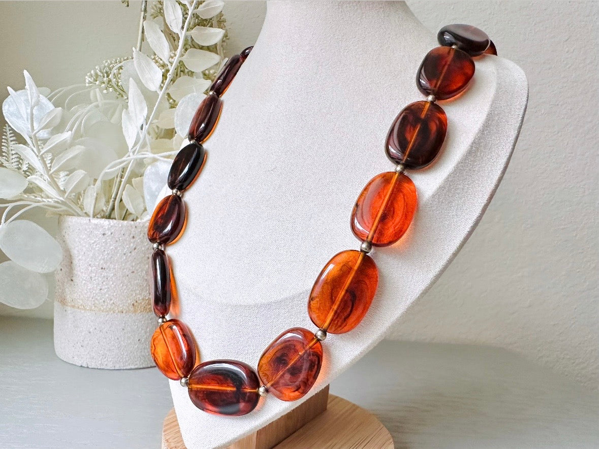 Amber Lucite Necklace, Gorgeous Deadstock Vintage 1970s Necklace, Glowing Tortoiseshell Beaded Necklace, Long Chunky Beaded Vintage Jewelry