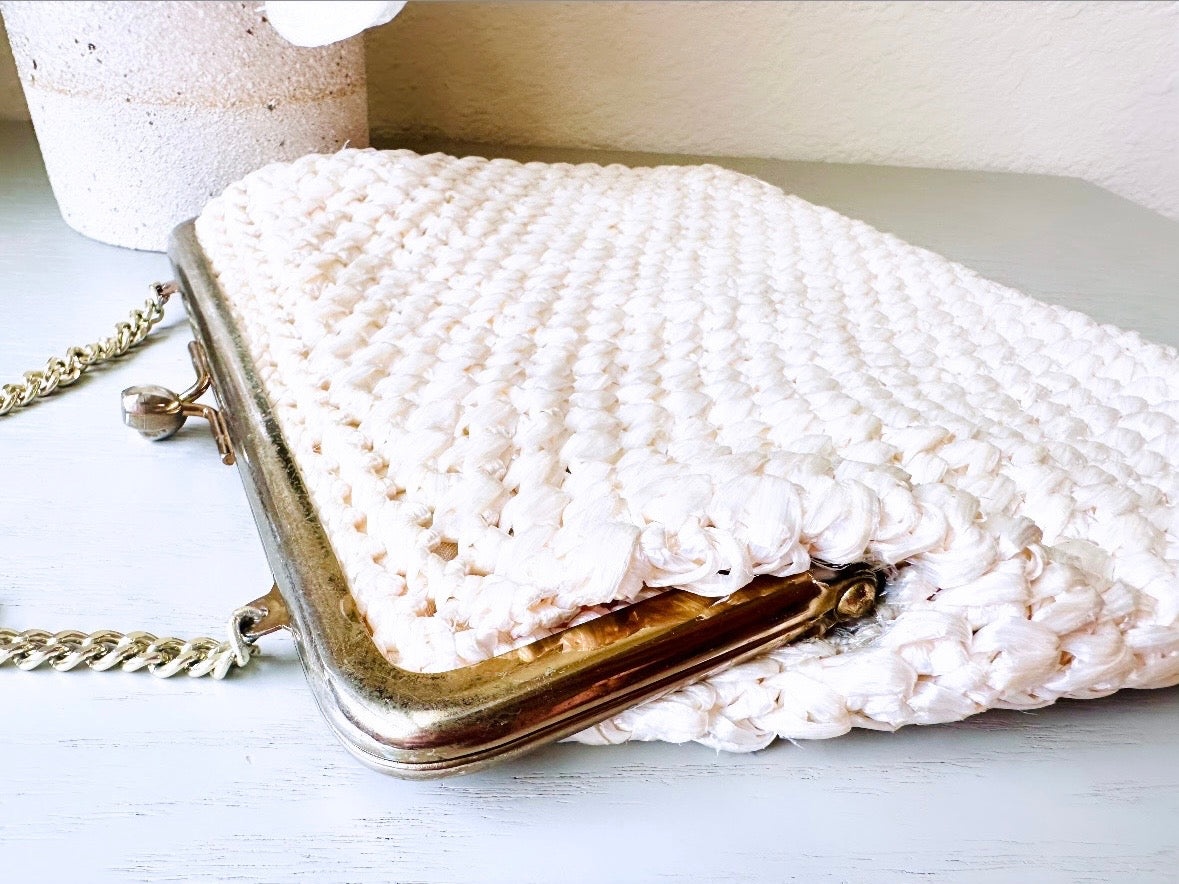 Cream Raffia Handbag, 1960s Clutch Purse, Made in Japan Vintage Bara Bag w Wrist Strap, Cute Vintage Purse, Shiny Ecru Woven Straw Handbag