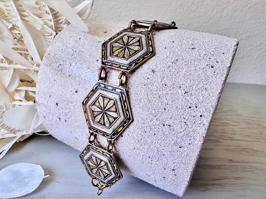 Vintage 1960s Damascene Style Bracelet,  Geometric Hexagon Link Bracelet, Brass Black Silver Gold Enamel Painted Vintage 1960s Jewelry