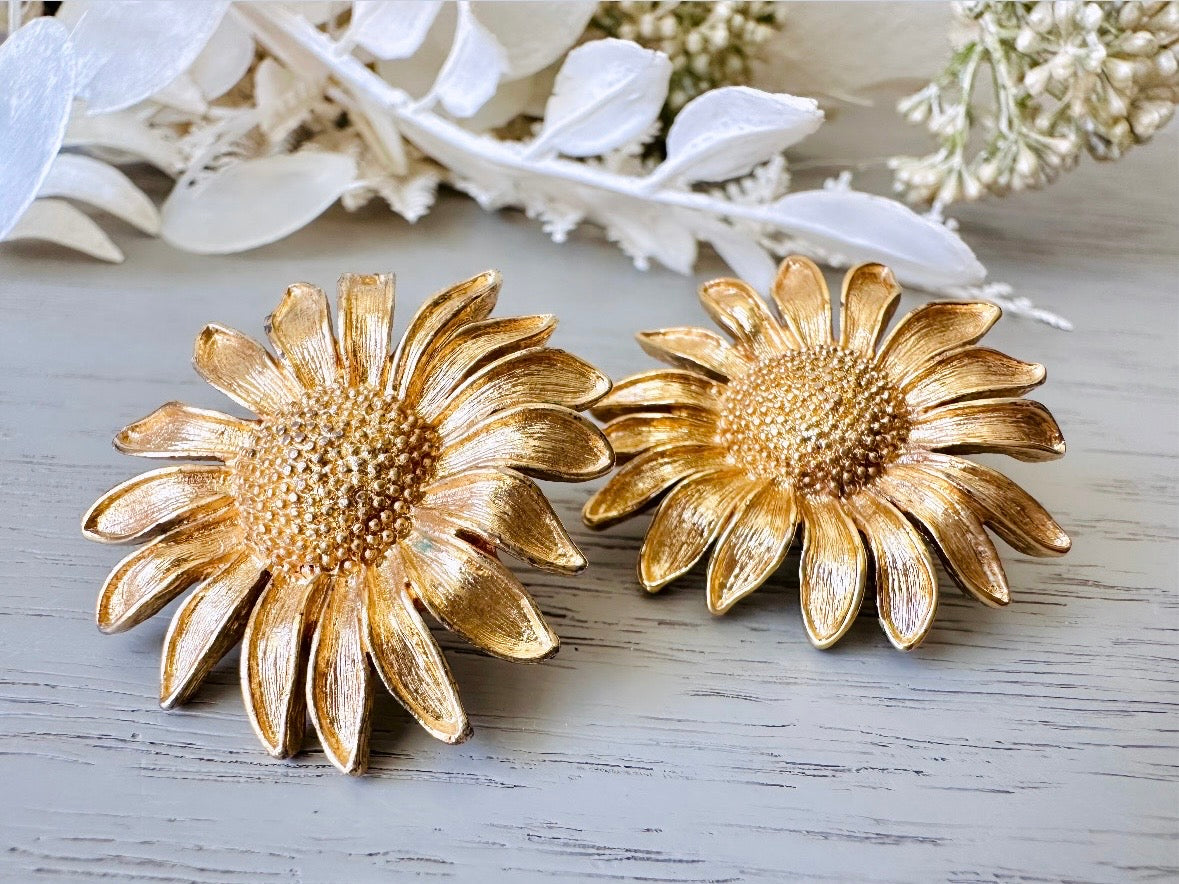 Vintage Monet Sunflower Earrings, Big Gold Sunflower Earrings, Vintage 60s Pierced Monet Earrings, 1960s Large Gold Flower Earrings