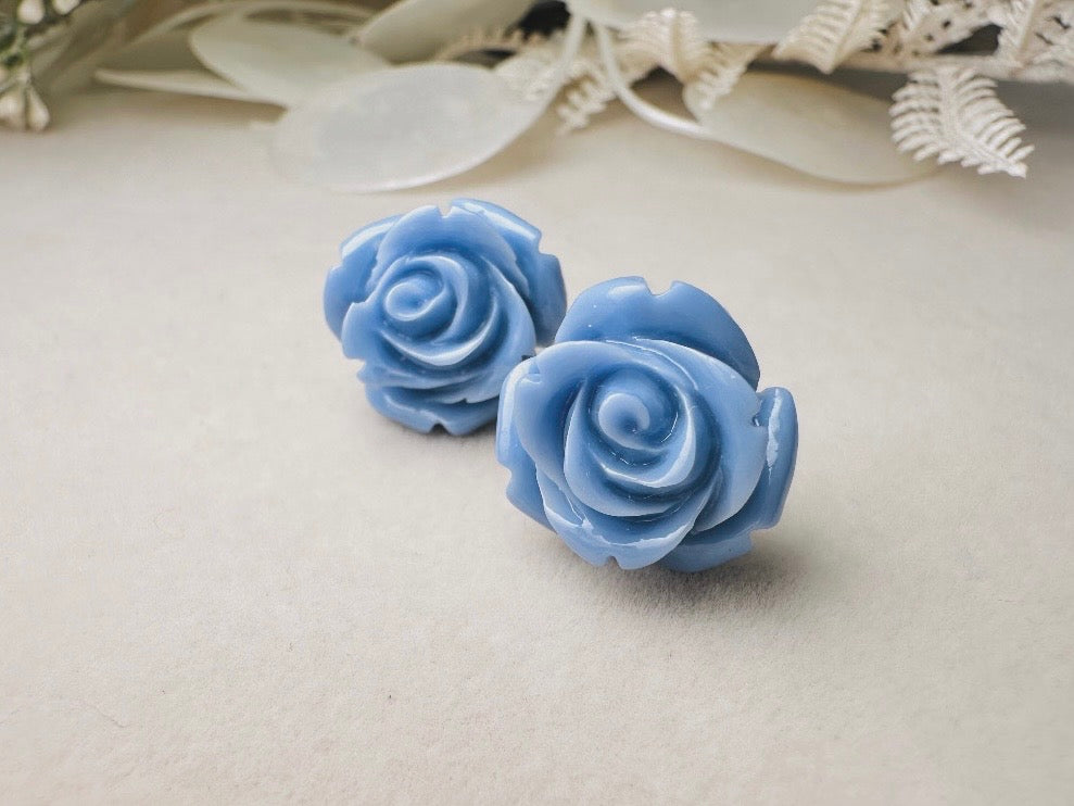 Flower Stud Earrings, Dusty Blue Earring, Large Rose Earrings, Rose Stud Earring, Big Flower Earrings, Resin Stud Earring, Hypoallergenic