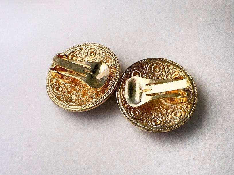 1928 Ornate Gold & Amber Resin Cabochon Vintage Statement Earrings