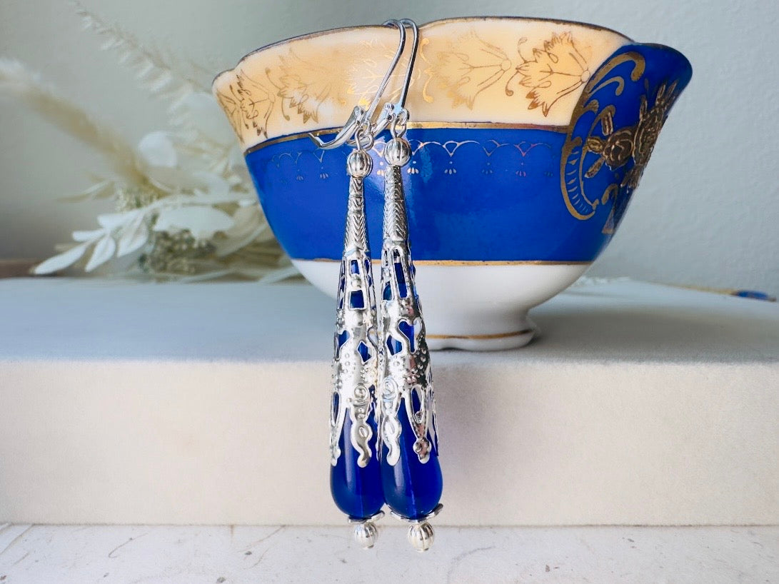 Blue Teardrop Earrings, Long Handmade Cobalt Blue Czech Glass Beaded Drop Earrings with Victorian Silver Filigree Cones