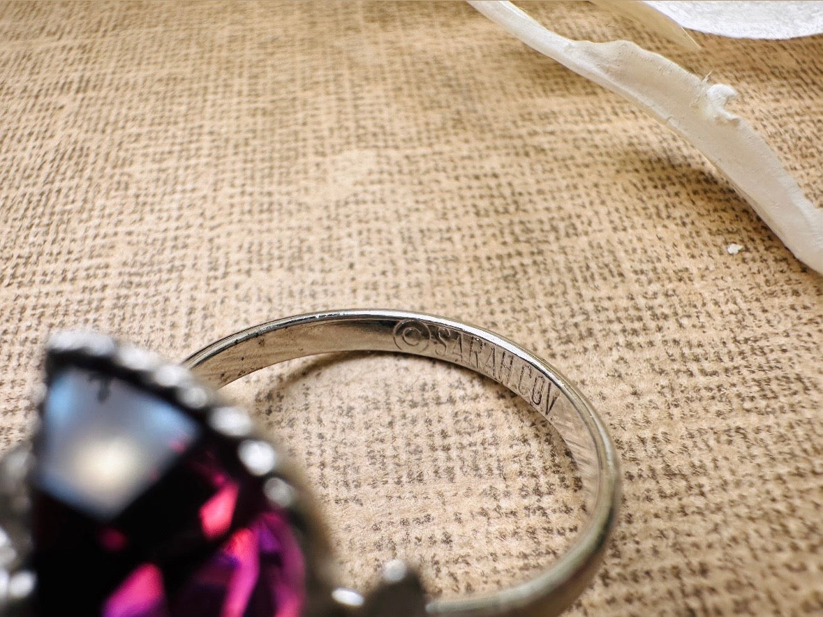Vintage Heart Cocktail Ring, February Birthstone Purple Heart Ring, 1973 Amethyst and Silver Flowers Double Heart Love Story Sarah Coventry
