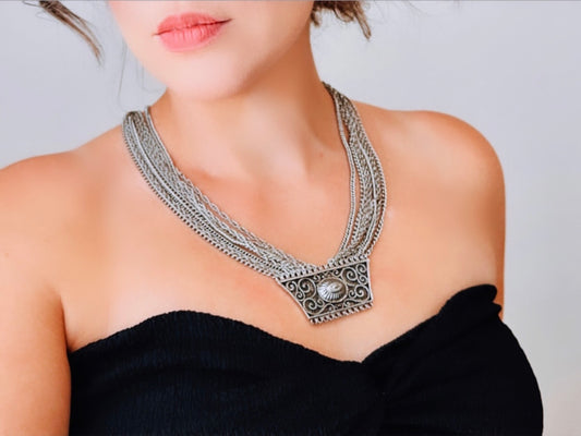 Multistrand Silver Vintage Statement Necklace,  Unique Vintage Silver Chain Necklace with Scroll Rectangle Pendant, Layered Look Maximalist