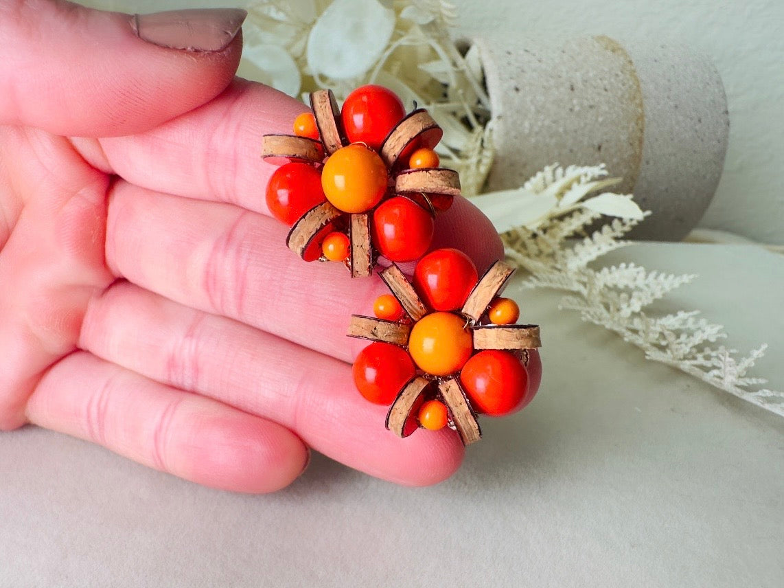 Vintage Japanese Earrings, Colorful 60s Earrings in Red + Orange with Wood and Sequins, Beaded Clip On Earrings