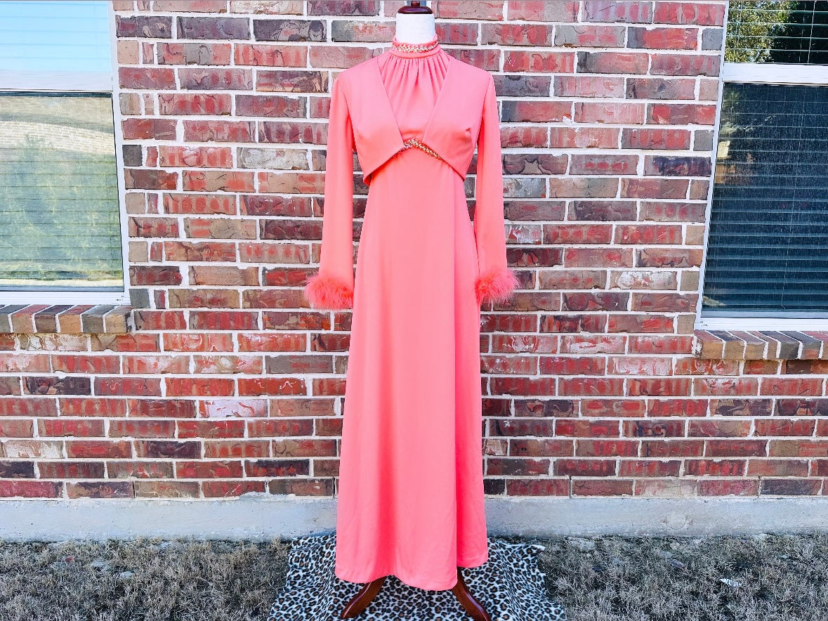 Vintage 1960s Peach Maxi Dress with Matching Shrug Faux Feather Sleeve –  PiggleAndPop