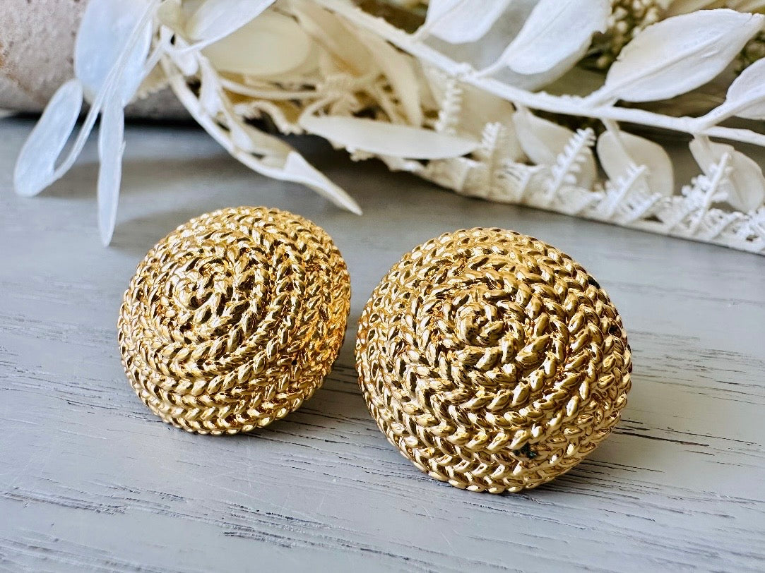 Gold Napier Earrings, 1980s Domed Rope Earrings, Classic Glam Clip On Earrings, 1980s  Retro Designer Signed Designer Napier Earrings