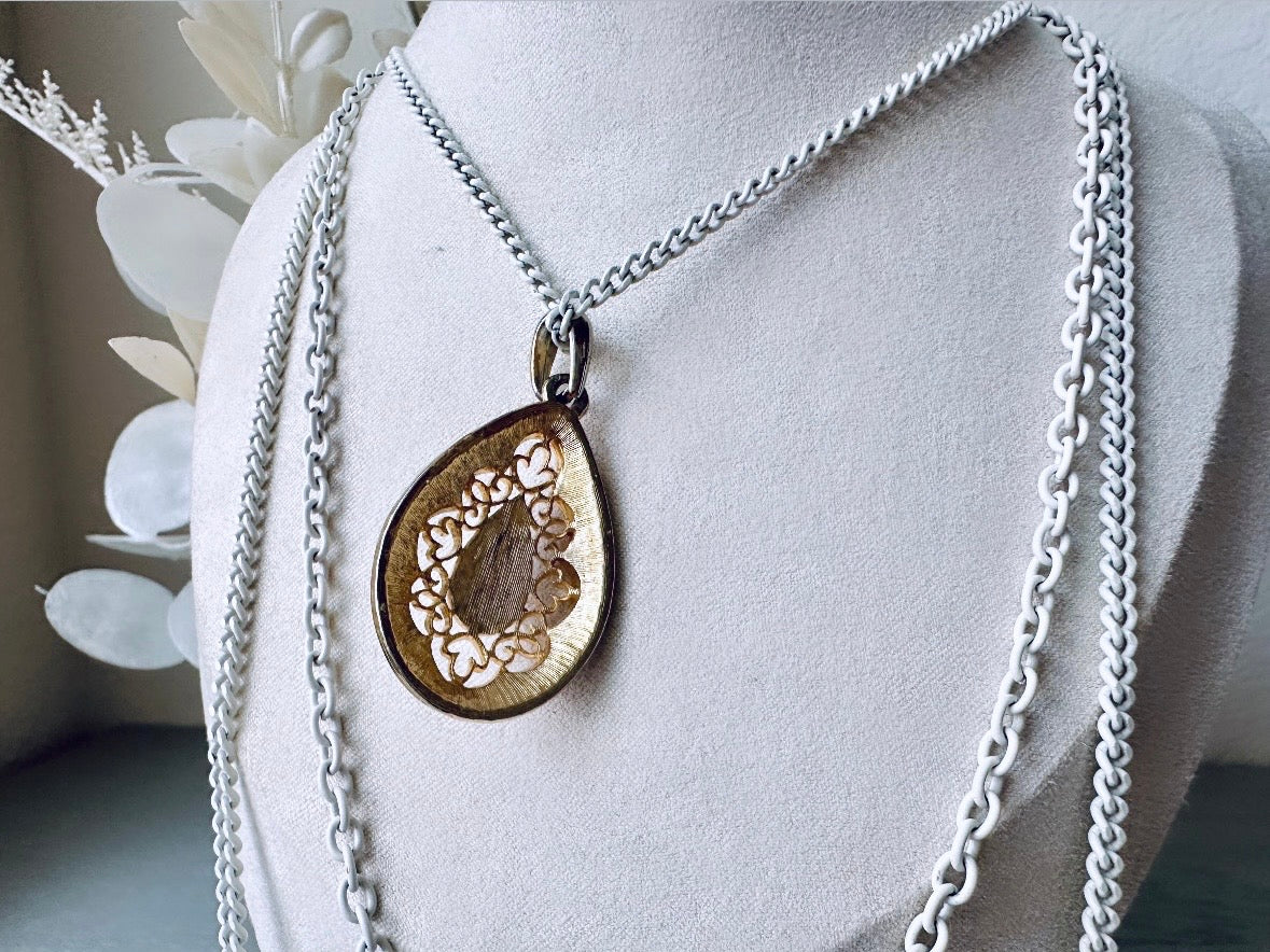 Layered Look Necklace, Vintage White and Gold Triple Strand Necklace, Ornate Pear Shaped Filigree Pendant Necklace, Summer Chic Jewelry Gift