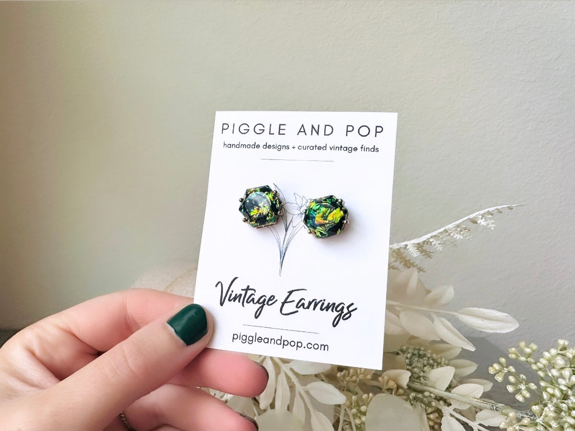 Green Hexagon Earrings, Vintage Glitter Confetti Pierced Earrings, Unique Party Vintage Earrings, Pierced Vintage Metallic Green Earrings